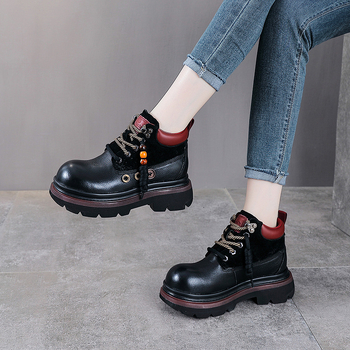 Cizme Martin pentru femei, din piele de vită de primă clasă, stil retro, creștere a înălțimii, vârf rotund, toc gros