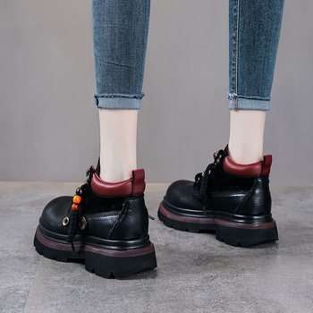 Cizme Martin pentru femei, din piele de vită de primă clasă, stil retro, creștere a înălțimii, vârf rotund, toc gros