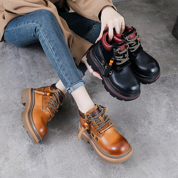 Cizme Martin pentru femei, din piele de vită de primă clasă, stil retro, creștere a înălțimii, vârf rotund, toc gros