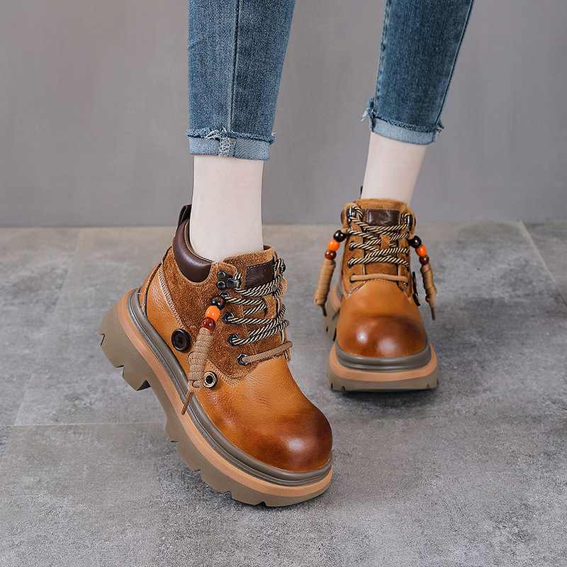 Cizme Martin pentru femei, din piele de vită de primă clasă, stil retro, creștere a înălțimii, vârf rotund, toc gros