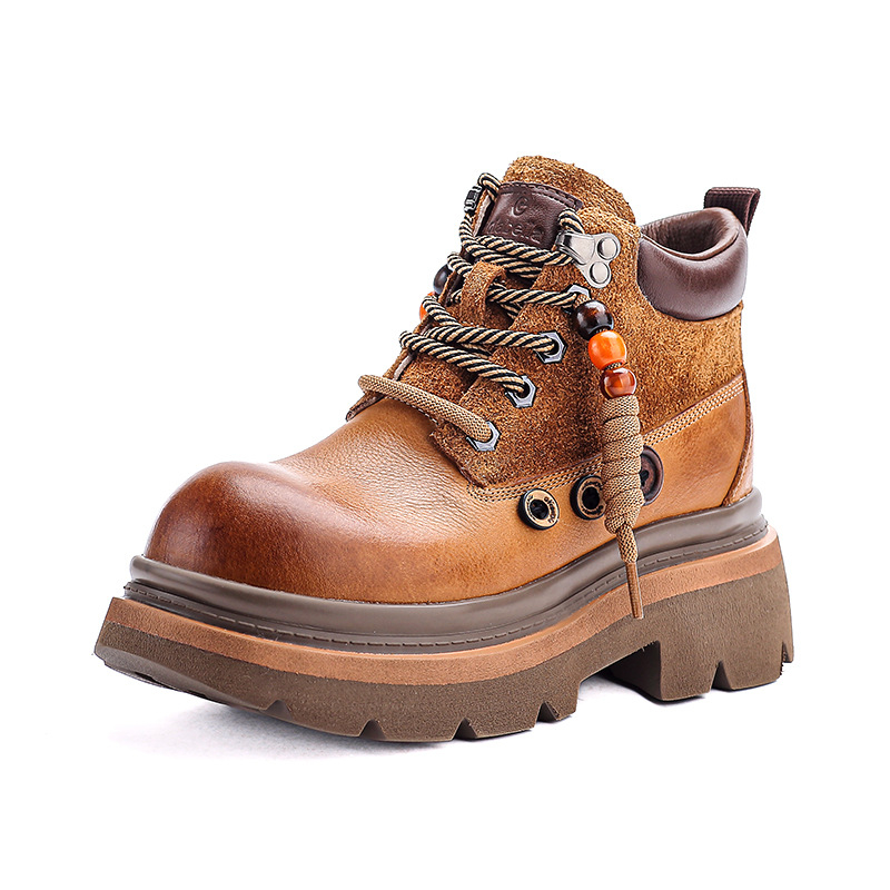 Cizme Martin pentru femei, din piele de vită de primă clasă, stil retro, creștere a înălțimii, vârf rotund, toc gros