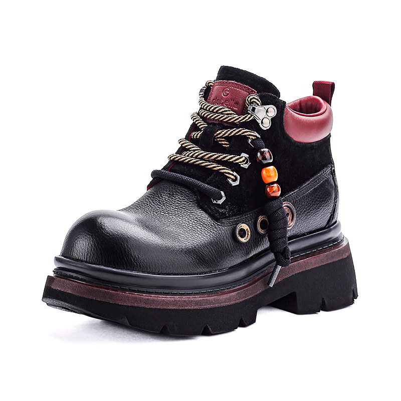 Cizme Martin pentru femei, din piele de vită de primă clasă, stil retro, creștere a înălțimii, vârf rotund, toc gros