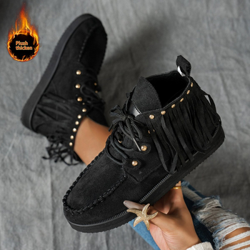 Ženske čizme s resicama od velura, gumena potplat, prednje vezanje, okrugli vrh