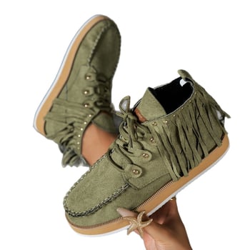 Ženske čizme s resicama od velura, gumena potplat, prednje vezanje, okrugli vrh