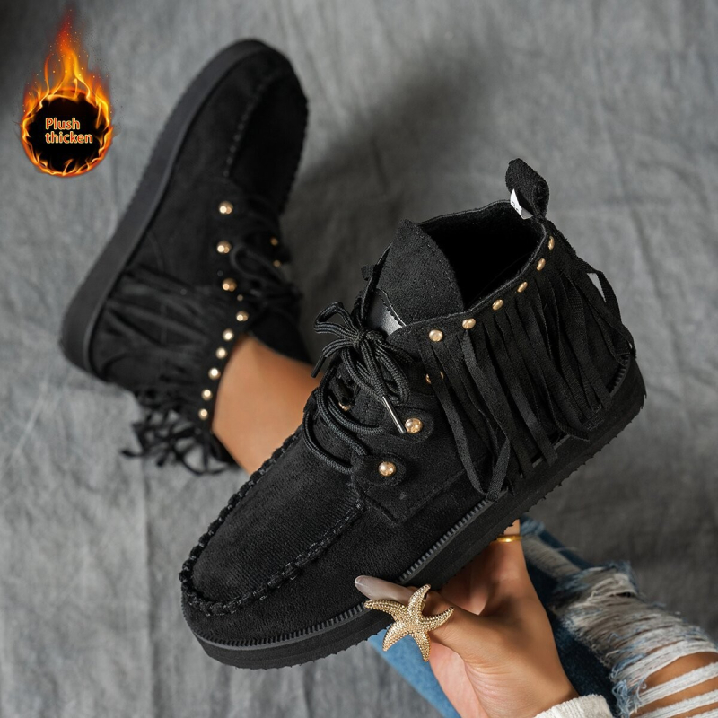 Ženske čizme s resicama od velura, gumena potplat, prednje vezanje, okrugli vrh