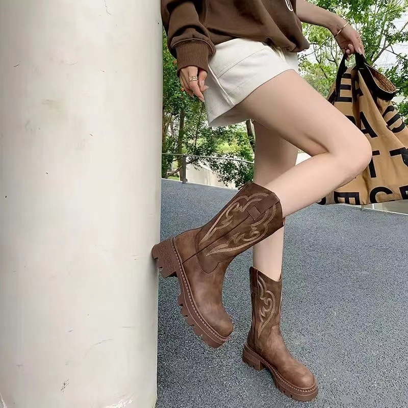 Vintage mikrovlaknaste Western kaubojske čizme s debelim petom, floralni uzorak, zadnji zip