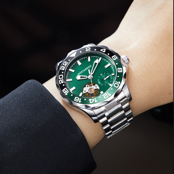 Férfi mechanikus karóra rozsdamentes acél tokkal és rozsdamentes acél óraszíjjal, fénylő számlap, 30 m vízállóság, spirál korona