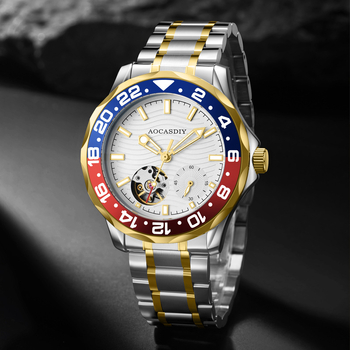 Férfi mechanikus karóra rozsdamentes acél tokkal és rozsdamentes acél óraszíjjal, fénylő számlap, 30 m vízállóság, spirál korona