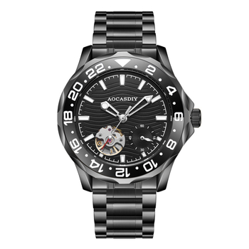 Férfi mechanikus karóra rozsdamentes acél tokkal és rozsdamentes acél óraszíjjal, fénylő számlap, 30 m vízállóság, spirál korona