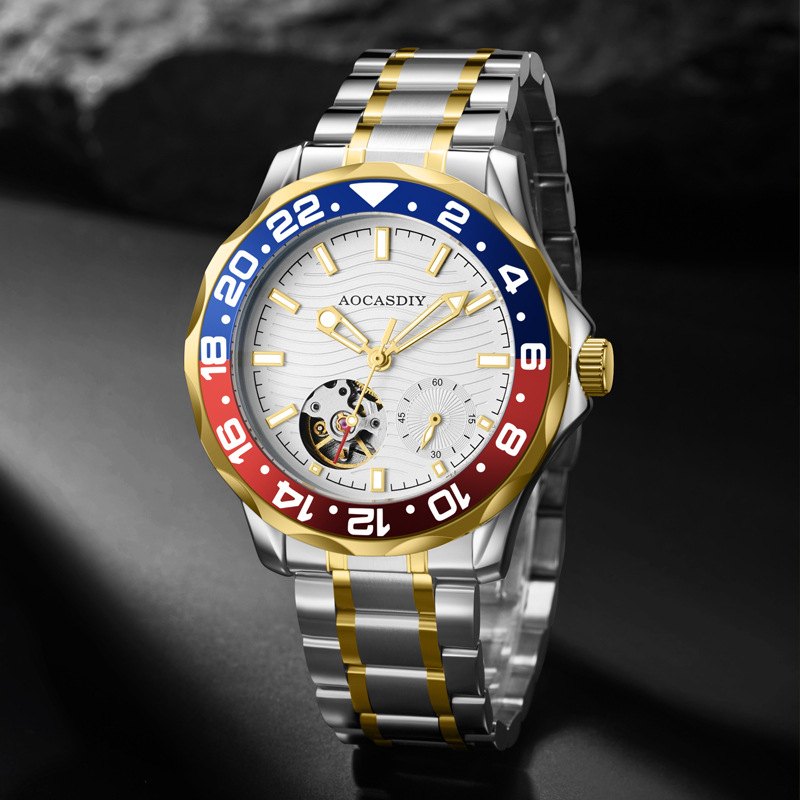 Férfi mechanikus karóra rozsdamentes acél tokkal és rozsdamentes acél óraszíjjal, fénylő számlap, 30 m vízállóság, spirál korona