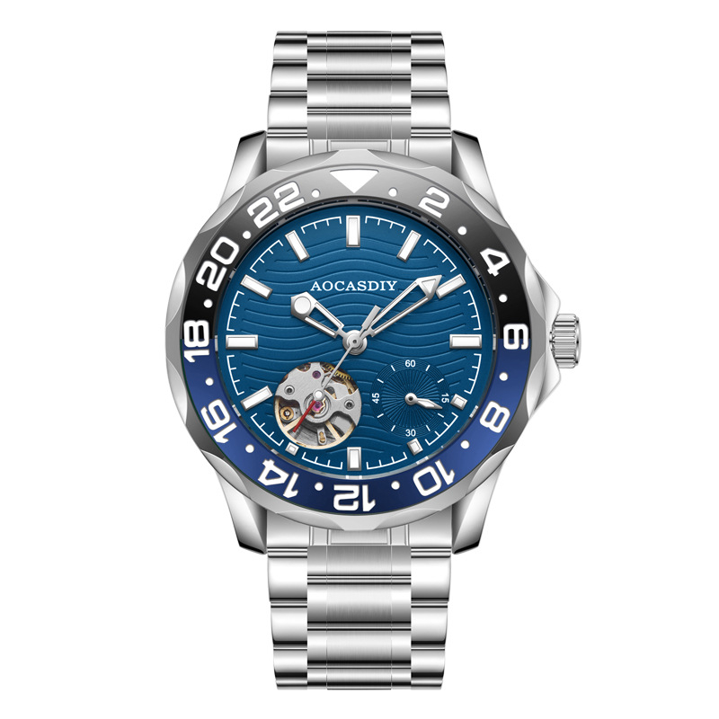 Férfi mechanikus karóra rozsdamentes acél tokkal és rozsdamentes acél óraszíjjal, fénylő számlap, 30 m vízállóság, spirál korona
