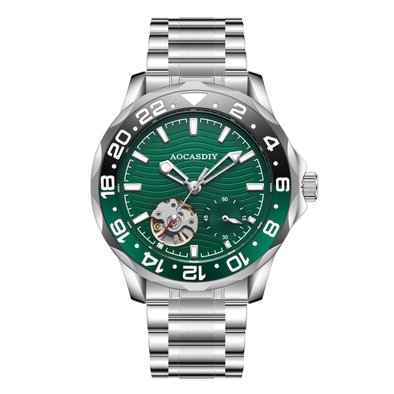 Férfi mechanikus karóra rozsdamentes acél tokkal és rozsdamentes acél óraszíjjal, fénylő számlap, 30 m vízállóság, spirál korona