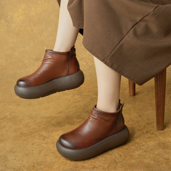 Botine scurte din piele naturală pentru femei, vârf rotund, platformă cu talpă 3-5 cm, închidere pe spate cu fermoar, talpă din spumă