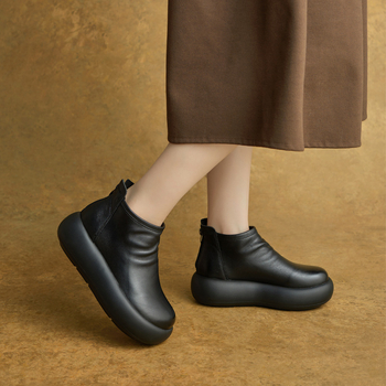 Botine scurte din piele naturală pentru femei, vârf rotund, platformă cu talpă 3-5 cm, închidere pe spate cu fermoar, talpă din spumă