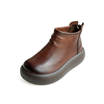 Botine scurte din piele naturală pentru femei, vârf rotund, platformă cu talpă 3-5 cm, închidere pe spate cu fermoar, talpă din spumă