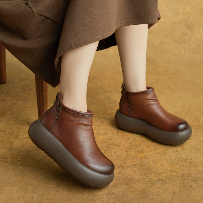 Botine scurte din piele naturală pentru femei, vârf rotund, platformă cu talpă 3-5 cm, închidere pe spate cu fermoar, talpă din spumă