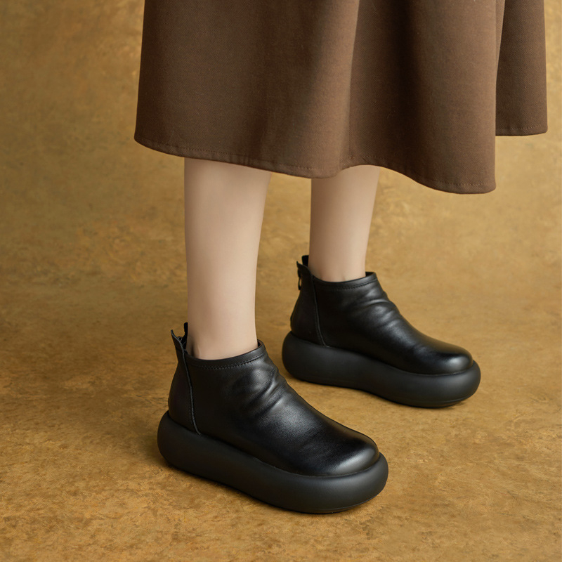 Botine scurte din piele naturală pentru femei, vârf rotund, platformă cu talpă 3-5 cm, închidere pe spate cu fermoar, talpă din spumă