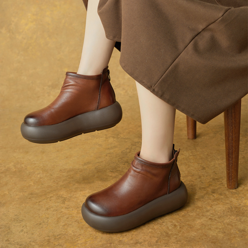 Botine scurte din piele naturală pentru femei, vârf rotund, platformă cu talpă 3-5 cm, închidere pe spate cu fermoar, talpă din spumă