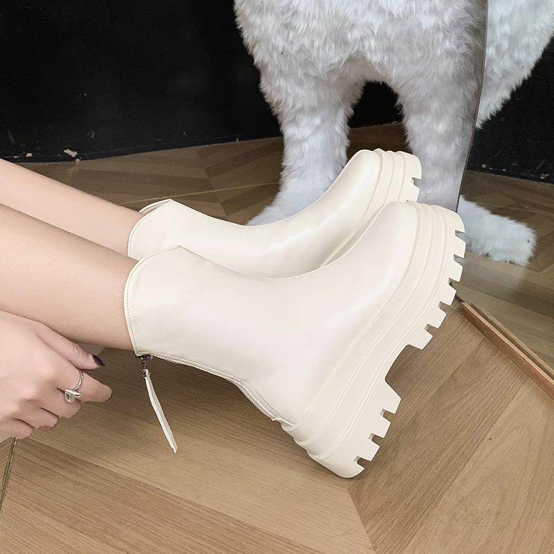 Ženske čizme s debelim potplatom, britanskog stila, kvadratni potpetica 3–5 cm, PU gornji dio, gumeni potplat, stražnji zatvarač, zima i jesen