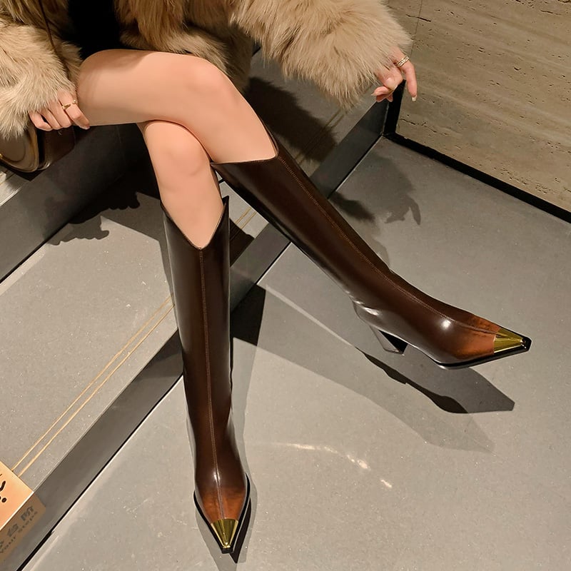 Μπότες μέχρι το γόνατο από γνήσιο δέρμα, μυτερή μύτη, χοντρό τακούνι 6–8 εκ, φερμουάρ πίσω