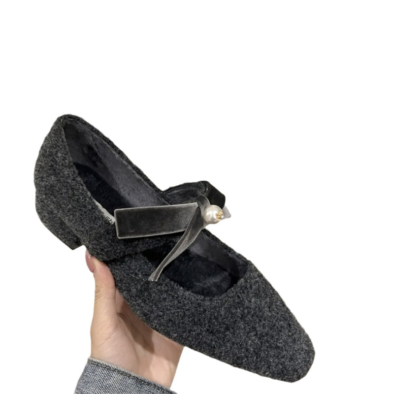 Topánky Mary Jane, štvorcový nos, semišový vrch, nízky podpätok, vnútorná výstelka z umelej kožušiny, slip-on zapínanie
