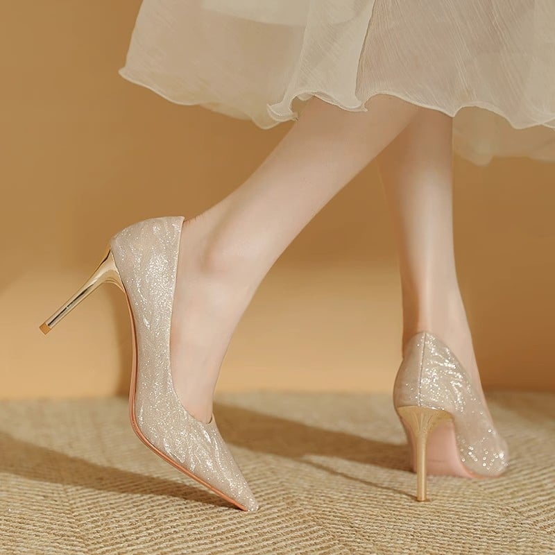 Ženske visoke potpetice s uskim vrhom, Glitter vamp, stiletto peta 6–8 cm, gumena potplata