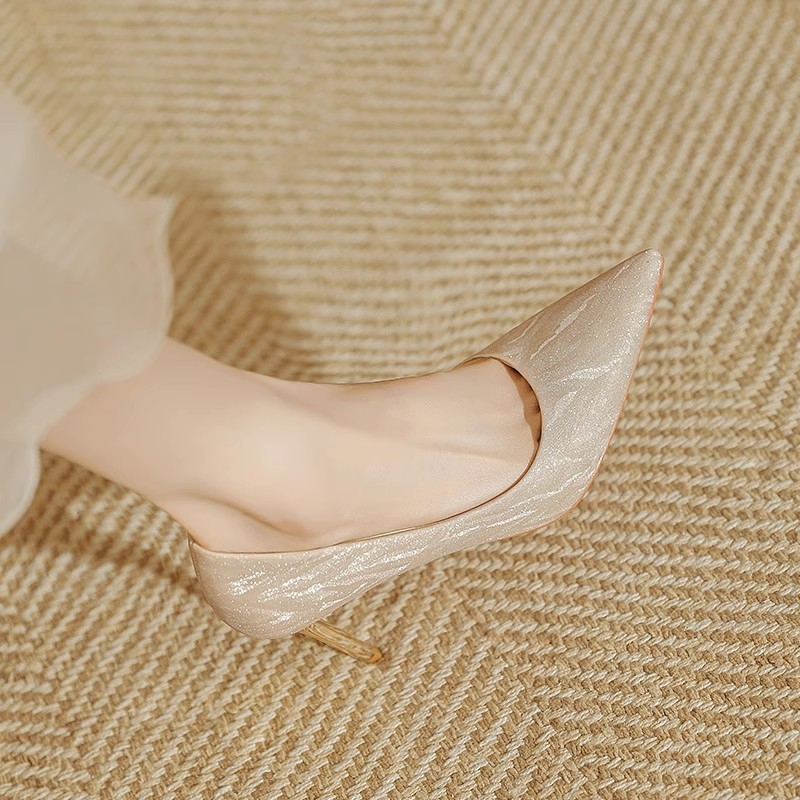 Ženske visoke potpetice s uskim vrhom, Glitter vamp, stiletto peta 6–8 cm, gumena potplata