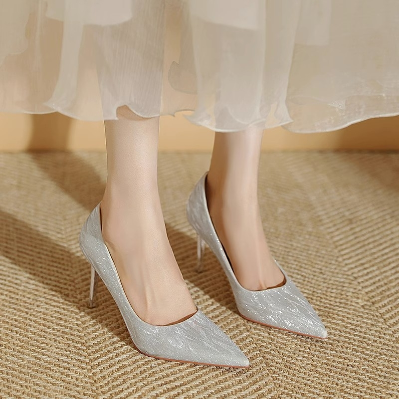 Ženske visoke potpetice s uskim vrhom, Glitter vamp, stiletto peta 6–8 cm, gumena potplata