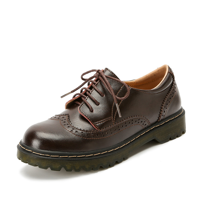 Ženske brit stil brogue kožne loaferice, okrugli vrh, vezanje, niski potplat, koža