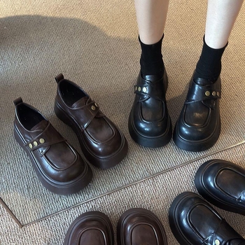 Dámske kožené Mary Jane loafers s hrubým podošvom, 6–8 cm výška podpätku, zaoblený špičaka, PU vrchná časť, gumová podrážka
