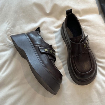 Dámske kožené Mary Jane loafers s hrubým podošvom, 6–8 cm výška podpätku, zaoblený špičaka, PU vrchná časť, gumová podrážka