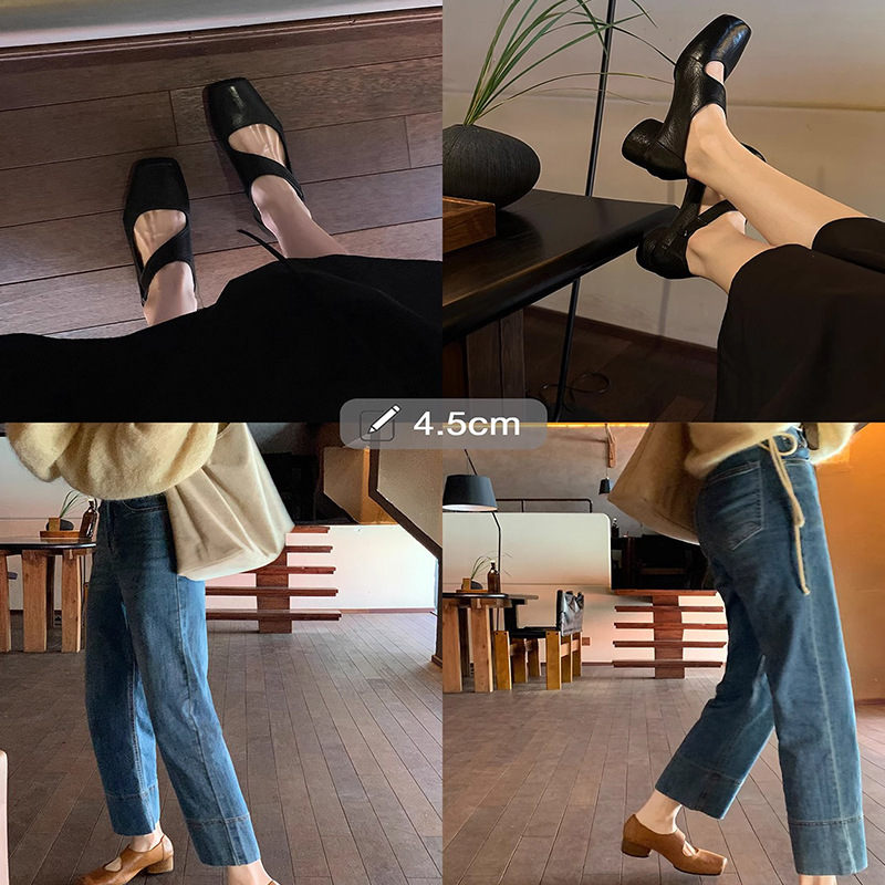 Mary Jane topánky s štvorcovým nosom, vrchná časť z hovädzej kože, hrubý podpätok 3-6 cm, gumová podrážka