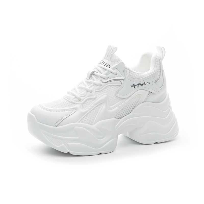 Γυναικεία καθημερινά παπούτσια τύπου dad sneakers με μαλακό δέρμα επάνω μέρος, mesh εσωτερικό, χαμηλός κορμός, πλατφόρμα 6–8 εκ, PU σόλα