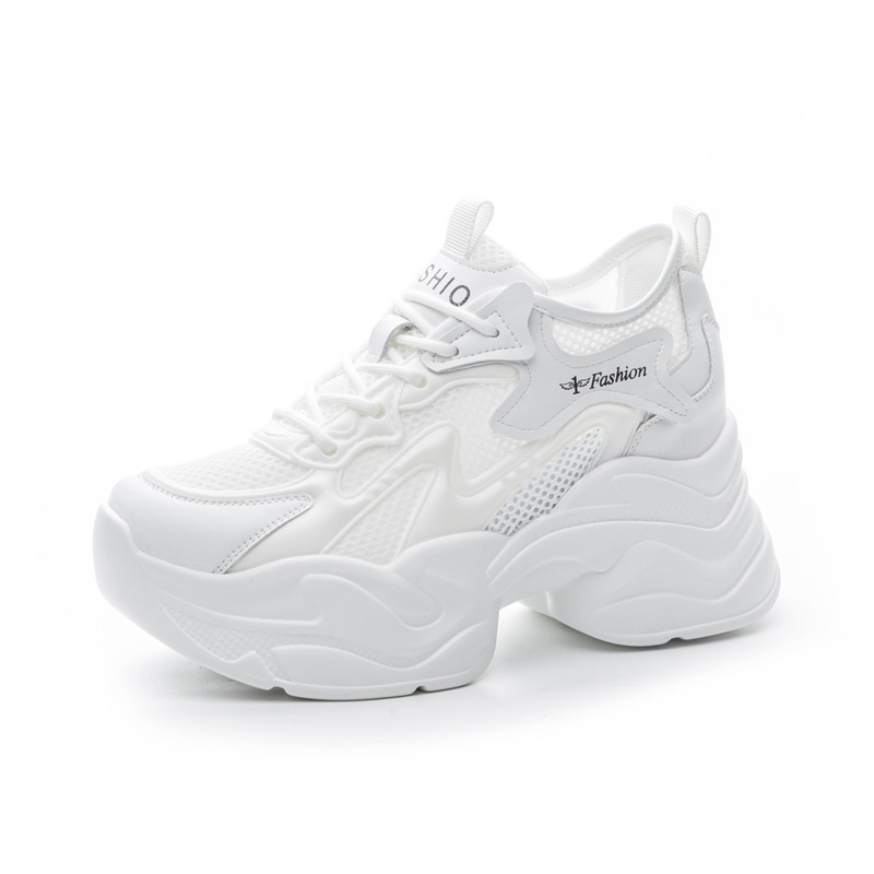 Γυναικεία καθημερινά παπούτσια τύπου dad sneakers με μαλακό δέρμα επάνω μέρος, mesh εσωτερικό, χαμηλός κορμός, πλατφόρμα 6–8 εκ, PU σόλα