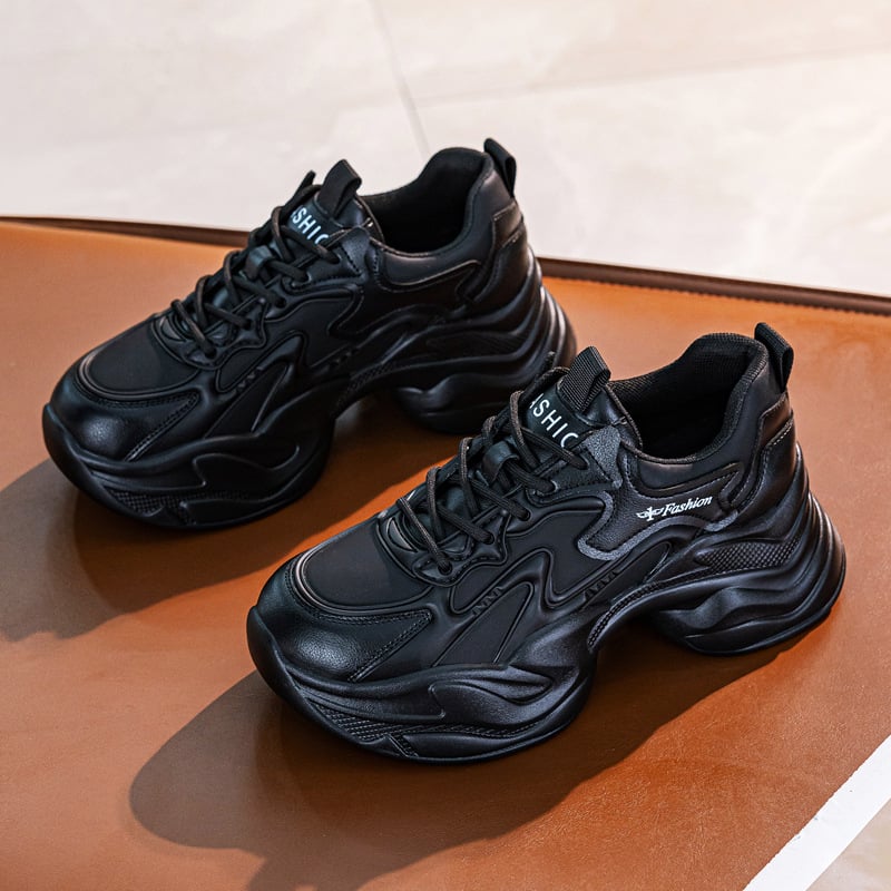 Γυναικεία καθημερινά παπούτσια τύπου dad sneakers με μαλακό δέρμα επάνω μέρος, mesh εσωτερικό, χαμηλός κορμός, πλατφόρμα 6–8 εκ, PU σόλα