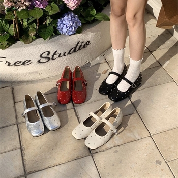 Mary Jane topánky v korejskom štýle so nitmi, štvorcová špička, vrchnák z mikrovlákna, PU stielka, gumová podrážka, pre ženy, nízka päta 3–6 cm