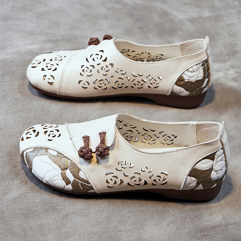 Γυναικείες επίπεδες παπούτσια με στρογγυλό δάχτυλο, αναπνεύσιμο επάνω μέρος από πρώτο στρώμα βοδινού δέρματος, σόλα από τένοντα βοδινού, κούμπωμα με αγκράφα