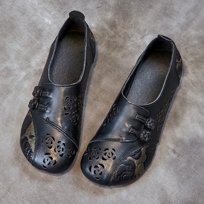 Γυναικείες επίπεδες παπούτσια με στρογγυλό δάχτυλο, αναπνεύσιμο επάνω μέρος από πρώτο στρώμα βοδινού δέρματος, σόλα από τένοντα βοδινού, κούμπωμα με αγκράφα