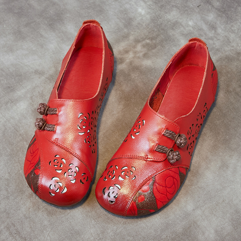 Γυναικείες επίπεδες παπούτσια με στρογγυλό δάχτυλο, αναπνεύσιμο επάνω μέρος από πρώτο στρώμα βοδινού δέρματος, σόλα από τένοντα βοδινού, κούμπωμα με αγκράφα