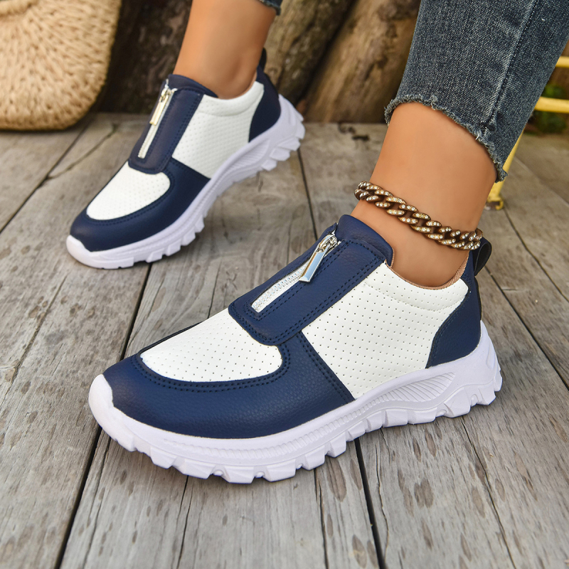 Casual cipele s prednjim zatvaračem, zaobljeni vrh, PU gornji dio, prugasti uzorak, niski klin 3–5 cm
