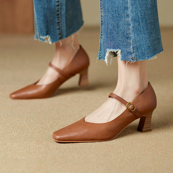 Dámske Mary Jane topánky, Štvorcový nos, Vrchnok z ovčej kože, Hrubý podpätok, Výška podpätku 3–6 cm