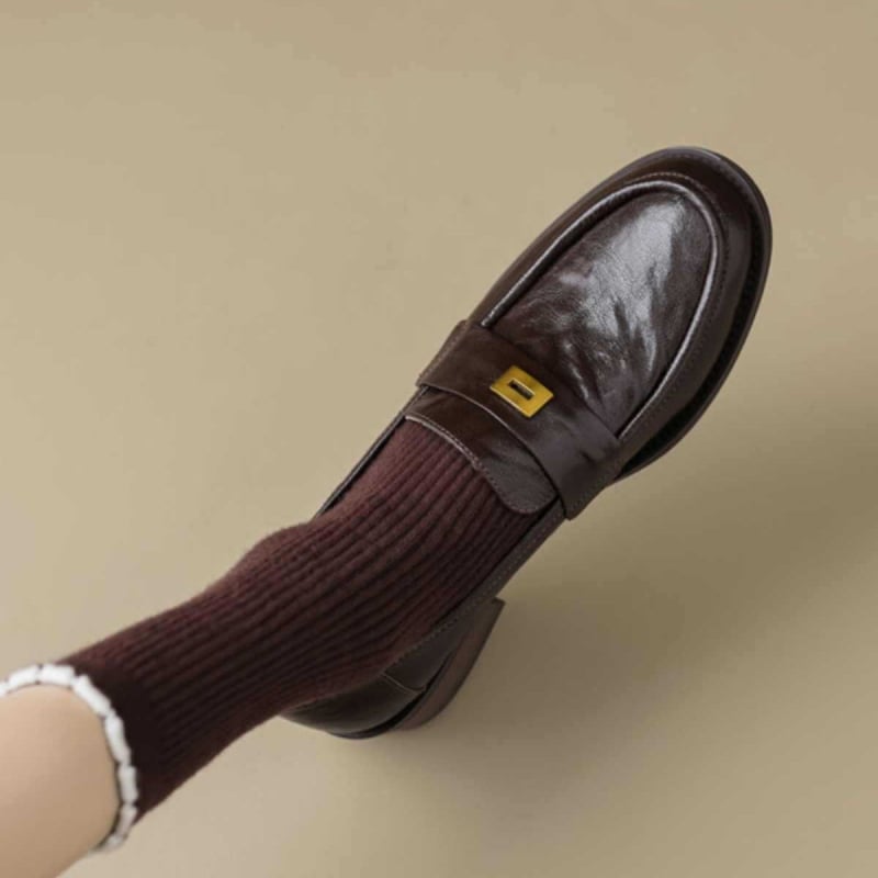 Ženske kožne loaferice s okruglim vrhom, slip-on, retro francusko-britanski stil, debeli pet, gumeni potplat