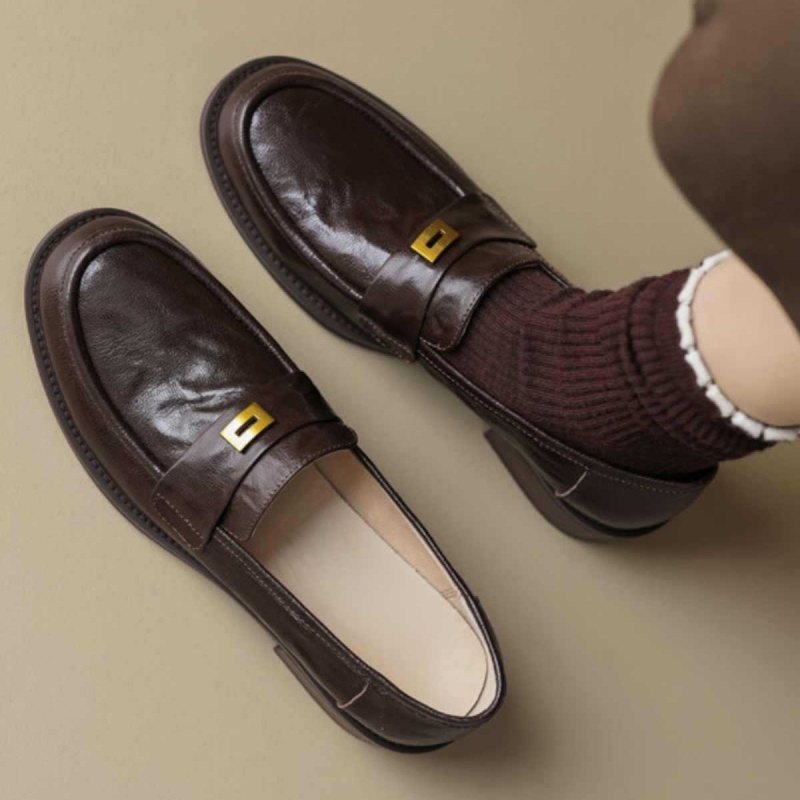 Ženske kožne loaferice s okruglim vrhom, slip-on, retro francusko-britanski stil, debeli pet, gumeni potplat