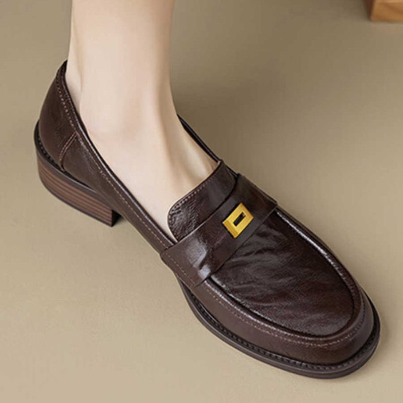 Ženske kožne loaferice s okruglim vrhom, slip-on, retro francusko-britanski stil, debeli pet, gumeni potplat