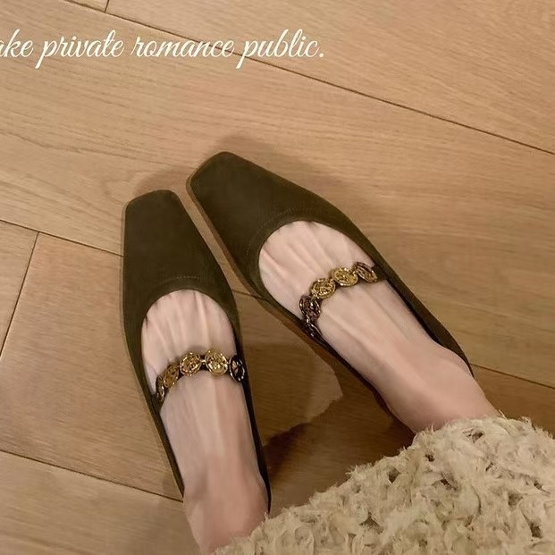 Dámske Mary Jane baleríny, štvorcový nos, semišový vrchný materiál, nízky podpätok 1–3 cm, gumová podrážka