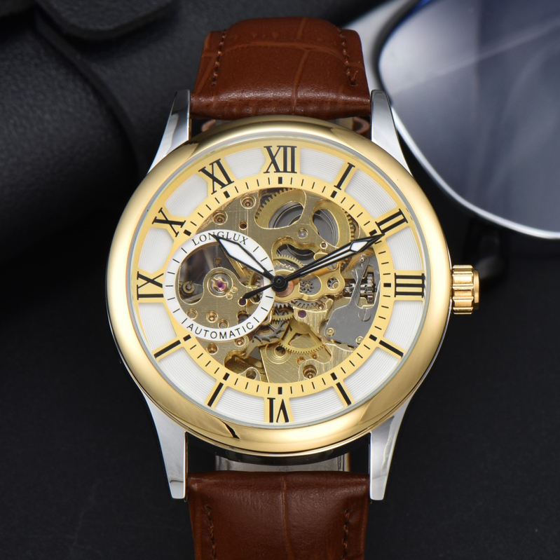 Muški mehanički sat s rimskim brojkama, promjer 41 mm, vodootporan, kožni remen od lažne kože, metalno kućište, model 8020LM