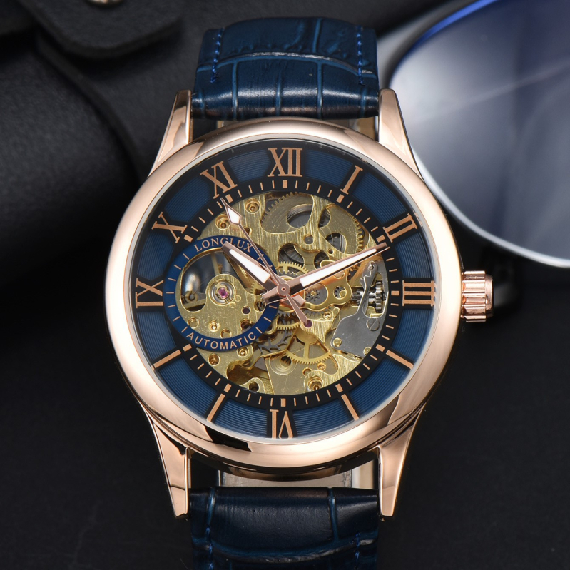 Muški mehanički sat s rimskim brojkama, promjer 41 mm, vodootporan, kožni remen od lažne kože, metalno kućište, model 8020LM