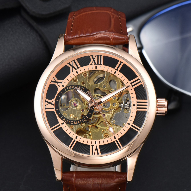 Muški mehanički sat s rimskim brojkama, promjer 41 mm, vodootporan, kožni remen od lažne kože, metalno kućište, model 8020LM