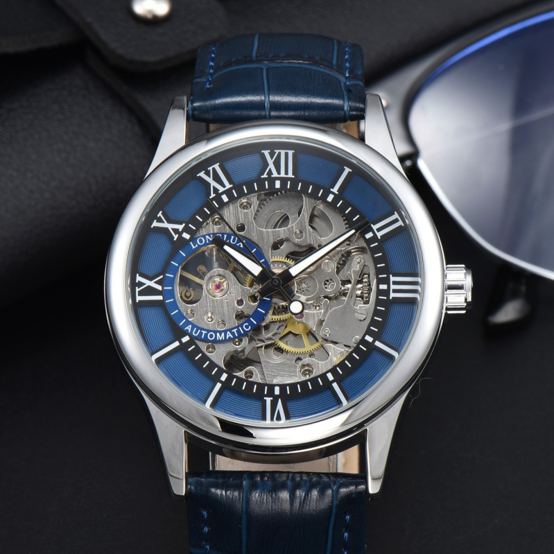 Muški mehanički sat s rimskim brojkama, promjer 41 mm, vodootporan, kožni remen od lažne kože, metalno kućište, model 8020LM