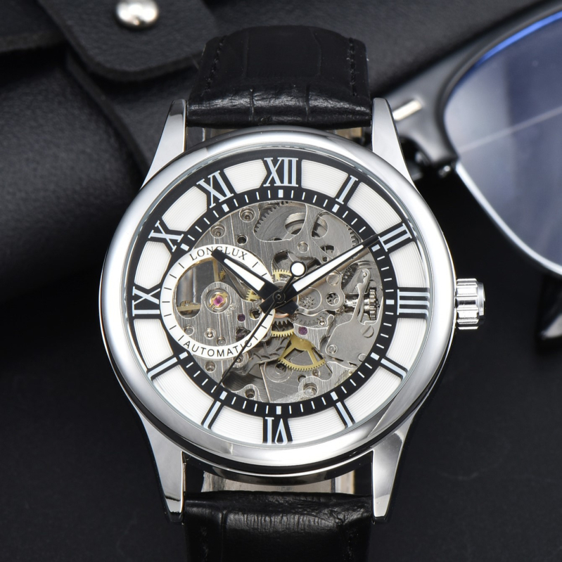 Muški mehanički sat s rimskim brojkama, promjer 41 mm, vodootporan, kožni remen od lažne kože, metalno kućište, model 8020LM